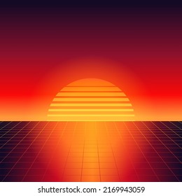 Neon retro wave background with sunset.