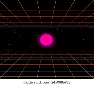 Fondo de onda retro de neón con puesta de sol.