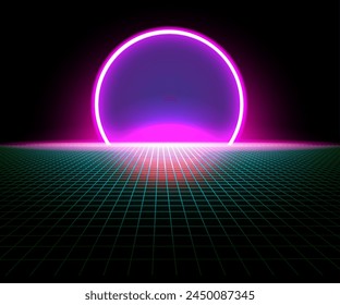 Neon retro wave background with sunset.