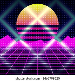 Neon Retro wave illustration. Cyberpunk background. 80s style. Banner, invitation, flyer, Futurism , advertising. Vector illustration of retro disco and dance. Digital retro cyber surface.