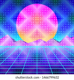 Neon Retro wave illustration. Cyberpunk background. 80s style. Banner, invitation, flyer, Futurism , advertising. Vector illustration of retro disco and dance. Digital retro cyber surface.