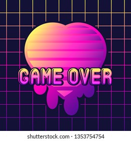 Neon retrowave style melting heart symbol with  text "Game over". Futuristic digital vector illustration. Vaporwave, cyberpunk aesthetics.