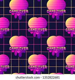 Neon retrowave style seamless pattern with heart symbol with text "Game over". Futuristic digital vector wallpaper. Vaporwave, cyberpunk aesthetics.