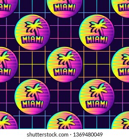 Neon retrowave style seamless pattern with palm trees and text "Miami". Futuristic digital vector wallpaper. Vaporwave, cyberpunk aesthetics. Laser grid background.