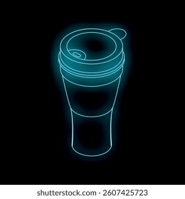 Neon reusable coffee cup glowing on dark background, representing modern lifestyle and sustainability