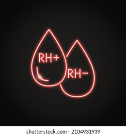 Neon Rh factor icon in line style. Drops of blood with text. Vector illustration.