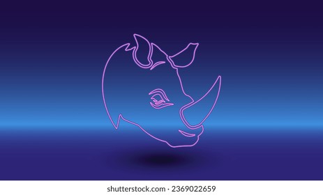 Neon rhino head symbol on a gradient blue background. The isolated symbol is located in the bottom center. Gradient blue with light blue skyline