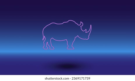 Neon rhino symbol on a gradient blue background. The isolated symbol is located in the bottom center. Gradient blue with light blue skyline