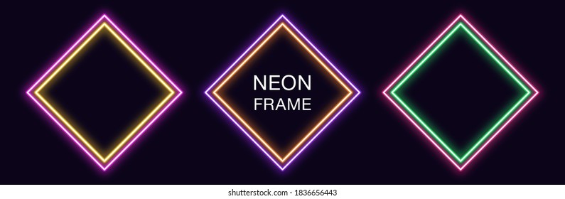 Neon rhomb Frame. Set of rhombus neon Border with double outline. Geometric shape with copy space, futuristic glowing element for social media stories. Yellow, purple, orange, green. Fully Vector