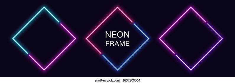 Marco Neon. Conjunto de borde de neón rhombus en 2 partes diagonales. Forma geométrica con espacio de copia, elemento futurista brillante para historias de medios sociales. Azul, rosa, púrpura, violeta. Vector completo