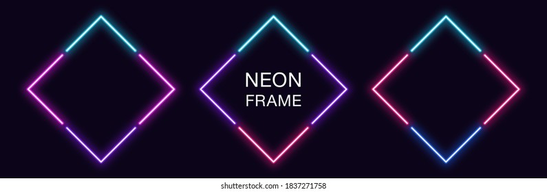 Neon rhomb Frame. Set of rhombus neon Border in 4 angular parts. Geometric shape with copy space, futuristic glowing element for social media stories. Blue, pink, purple, violet. Fully Vector - Shutterstock ID 1837271758