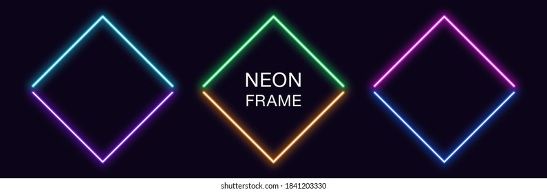 Neon rhomb Frame. Set of rhombus neon Border in 2 angular parts. Geometric shape with copy space, futuristic glowing element for social media stories. Violet, blue, purple, green. Fully Vector