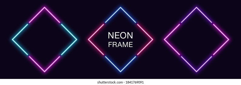 Neon rhomb Frame. Set of rhombus neon Border in 4 angular parts. Geometric shape with copy space, futuristic glowing element for social media stories. Blue, pink, purple, violet. Fully Vector