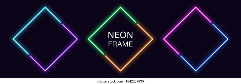 Neon Rhomb Frame. Rhombus Neon Border in 2 diagonalen Teilen. Geometrische Form mit Kopienraum, futuristisches Element für Social Media-Geschichten. Violett, blau, violett, grün. Voller Vektorgrafik