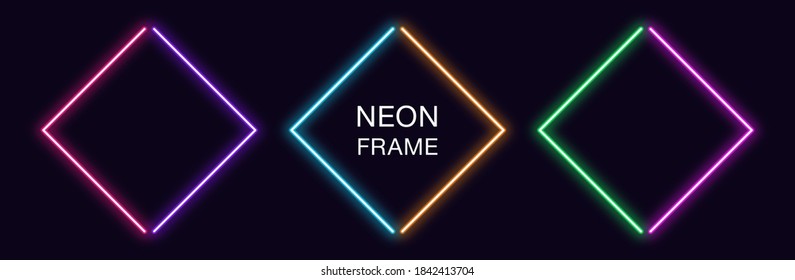 Neon rhomb Frame. Set of rhombus neon Border in 2 angular parts. Geometric shape with copy space, futuristic glowing element for social media stories. Violet, pink, orange, azure. Fully Vector