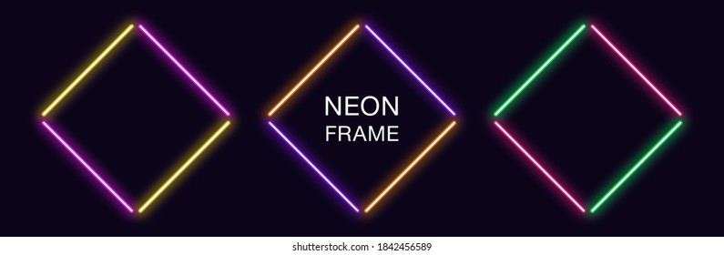 Neon rhomb Frame. Set of rhombus neon Border in 4 outline parts. Geometric shape with copy space, futuristic glowing element for social media stories. Yellow, purple, orange, green. Fully Vector