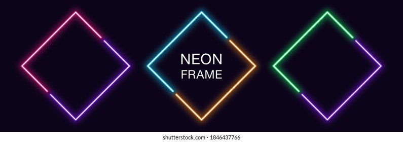 Neon rhomb Frame. Set of rhombus neon Border in 2 diagonal parts. Geometric shape with copy space, futuristic glowing element for social media stories. Violet, pink, orange, azure. Fully Vector