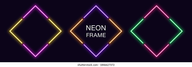 Neon rhomb Frame. Set of rhombus neon Border in 4 angular parts. Geometric shape with copy space, futuristic glowing element for social media stories. Yellow, purple, orange, green. Fully Vector - Shutterstock ID 1846627372