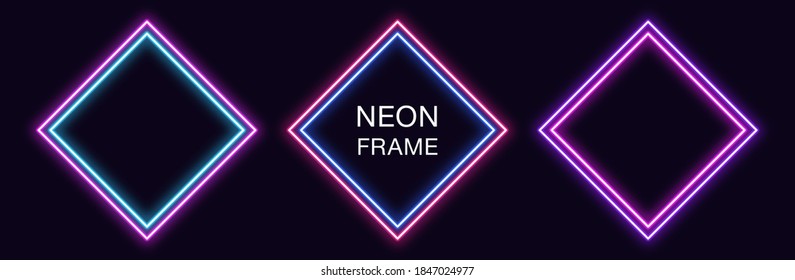 Neon rhomb Frame. Set of rhombus neon Border with double outline. Geometric shape with copy space, futuristic glowing element for social media stories. Blue, pink, purple, violet. Fully Vector