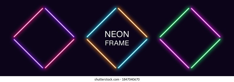 Neon rhomb Frame. Set of rhombus neon Border in 4 outline parts. Geometric shape with copy space, futuristic glowing element for social media stories. Violet, pink, orange, azure. Fully Vector