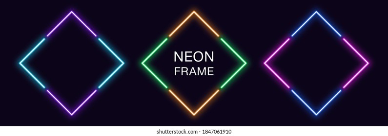 Neon rhomb Frame. Set of rhombus neon Border in 4 angular parts. Geometric shape with copy space, futuristic glowing element for social media stories. Violet, blue, purple, green. Fully Vector
