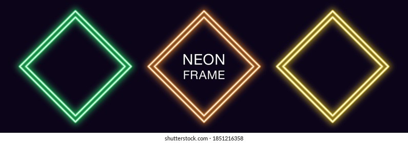 Neon rhomb Frame. Set of rhombus neon Border with double outline. Geometric shape with copy space, futuristic graphic element for social media stories. Green, orange, yellow color. Fully Vector