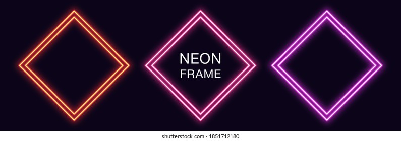 Neon rhomb Frame. Set of rhombus neon Border with double outline. Geometric shape with copy space, futuristic graphic element for social media stories. Red, pink, purple color. Fully Vector