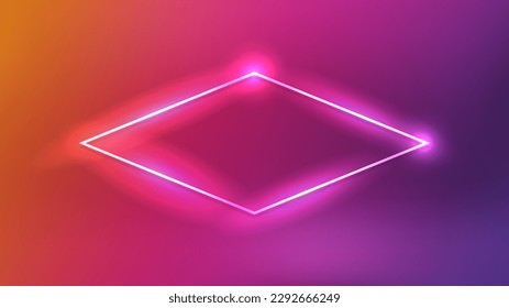 Neon rhomb frame with shining effects on dark purple background. Empty glowing techno backdrop. Vector illustration