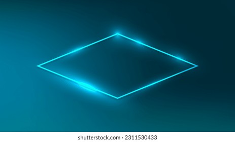 Neon rhomb frame with shining effects on dark green background. Empty glowing techno backdrop. Vector illustration