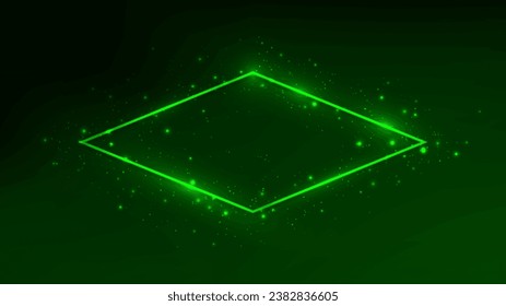 Neon rhomb frame with shining effects and sparkles on dark green background. Empty glowing techno backdrop. Vector illustration