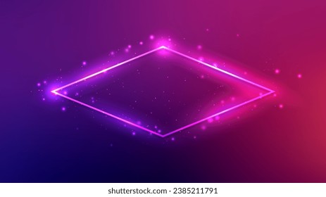 Neon rhomb frame with shining effects and sparkles on dark purple background. Empty glowing techno backdrop. Vector illustration