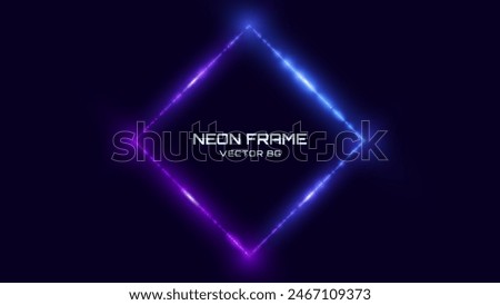 Neon Rhombus Frame. Blue and Purple Neon Lights Rectangle Sign. Abstract Cyberpunk Background Tunnel Portal. Geometric Glow Outline Shape. Abstract Vector Background With Space For Your Text.