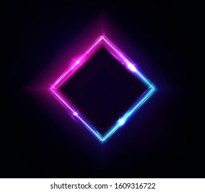 Neon rhombus frame or neon lights square sign. Retrowave vector abstract background, tunnel, portal. Geometric glow outline rhombus shape or laser glowing lines. Background with space for your text.