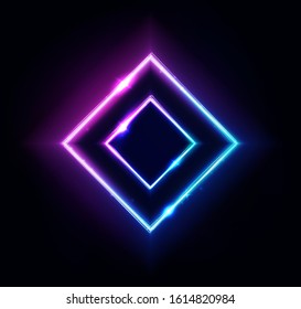 Neon rhombus frame or neon lights square sign. Retrowave vector abstract background, tunnel, portal. Geometric glow outline rhombus shape or laser glowing lines. Background with space for your text