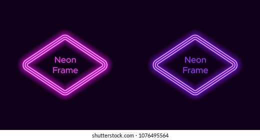 Neon rhombus frame in purple and violet color. Vector template of neon frame consisting of three outlines, with soft backlight on the dark background