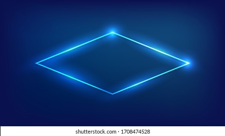 Neon rhombus frame with shining effects on dark background. Empty glowing techno backdrop. Vector illustration.