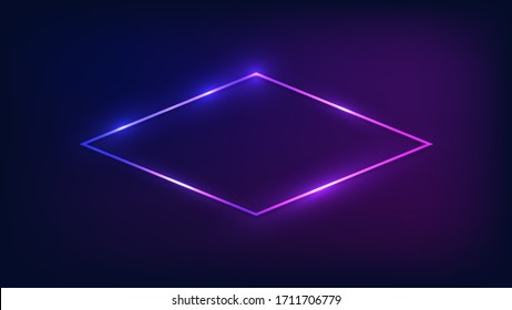 Neon rhombus frame with shining effects on dark background. Empty glowing techno backdrop. Vector illustration.