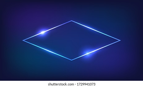 Neon rhombus frame with shining effects on dark background. Empty glowing techno backdrop. Vector illustration.