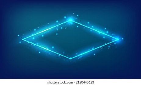 Marco neón rhombus con efectos brillantes y destellos en el fondo oscuro. Fondo tecno brillante vacío. Ilustración del vector