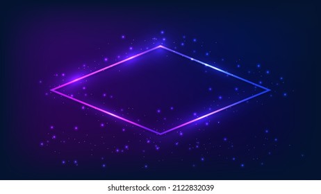 Marco neón rhombus con efectos brillantes y destellos en el fondo oscuro. Fondo tecno brillante vacío. Ilustración del vector