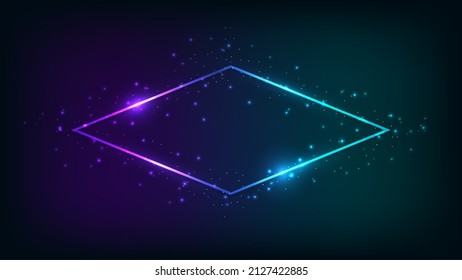 Neon rhombus frame with shining effects and sparkles on dark background. Empty glowing techno backdrop. Vector illustration