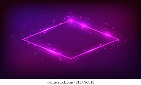 Neon rhombus frame with shining effects and sparkles on dark background. Empty glowing techno backdrop. Vector illustration