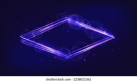 Neon rhombus frame with shining effects and sparkles on dark background. Empty glowing techno backdrop. Vector illustration