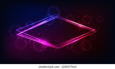 Marco neón rhombus con efectos brillantes y destellos en el fondo oscuro. Fondo tecno brillante vacío. Ilustración del vector