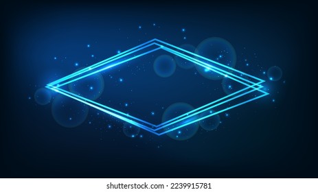 Marco neón rhombus con efectos brillantes y destellos en el fondo oscuro. Fondo tecno brillante vacío. Ilustración del vector