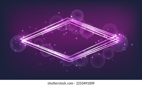 Neon rhombus frame with shining effects and sparkles on dark background. Empty glowing techno backdrop. Vector illustration