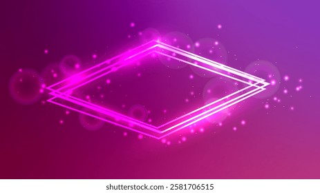 Neon rhombus frame with shining effects and sparkles on pink background. Empty glowing techno backdrop. Vector illustration