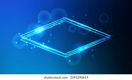 Neon rhombus frame with shining effects and sparkles on blue background. Empty glowing techno backdrop. Vector illustration