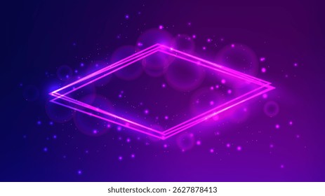 Neon rhombus frame with shining effects and sparkles on blue background. Empty glowing techno backdrop. Vector illustration