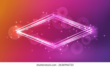 Neon rhombus frame with shining effects and sparkles on red background. Empty glowing techno backdrop. Vector illustration